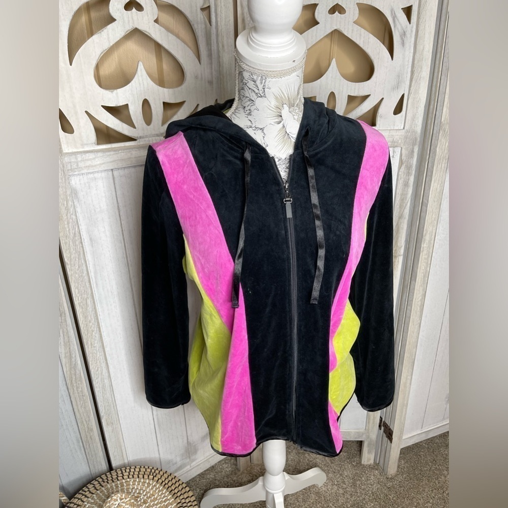 Blast Velour Hoodie Sweater Full Zip Y2K Black Colorful Vintage Small Petite